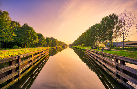 Sunset light over the Wilhelminakanaal canal near the village of Beek en Donk, The Netherlands.