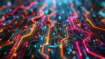 Animated portrayal of a digital color flow, with vibrant hues tracing the pathways of electronic circuits in motion,