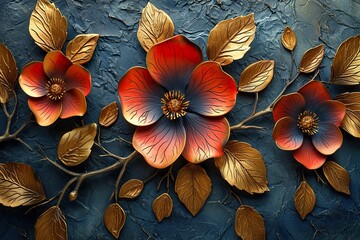 Decorative flowers with golden leaves as wallpaper background