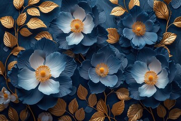 Decorative flowers with golden leaves as wallpaper background