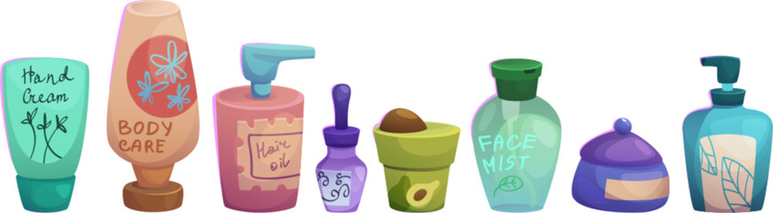 Skincare and cleansing cosmetic products. Cartoon vector illustration set of bottle and container with cream and shampoo, lotion and moisturizer. Daily health care and beauty hygiene routine supplies.