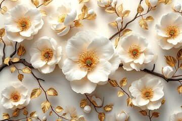 Elegant white flowers with golden leaves and branches on a light background.
