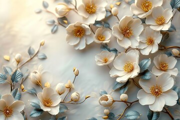 Elegant white flowers with golden leaves and branches on a light background.