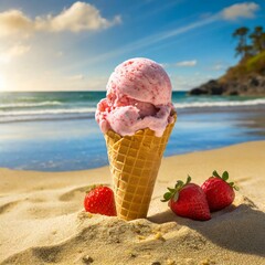 ice cream cone.a refreshing scoop of strawberry ice cream served in a crunchy cone, set against a backdrop of golden sands and clear blue skies. The ice cream glistens in the sunlight, promising a coo - obrazy, fototapety, plakaty
