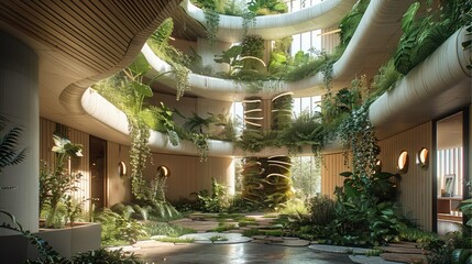 Architectural vertical ecological agriculture centre, wood walls, pendant plants. Generative AI. - 781836289