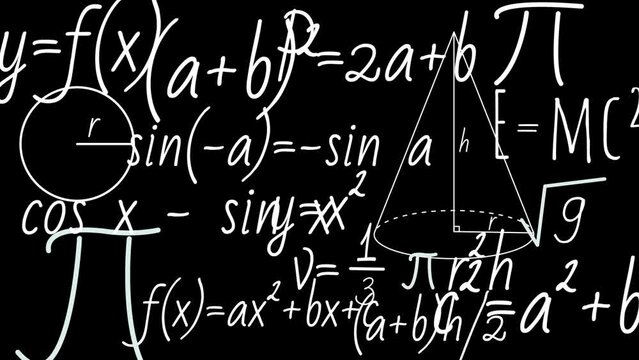 Math formulas loop on black background.