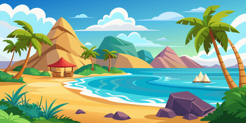 Fototapeta na wymiar Tropical paradise landscape, Exotic beach vector cartoon illustration.