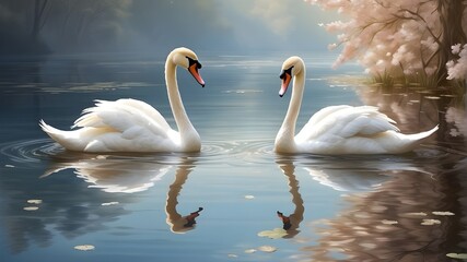  Two graceful swans gracefully gliding on a serene lake, their elegant forms reflected in the calm water. The scene captures the tranquility and beauty of nature. - obrazy, fototapety, plakaty