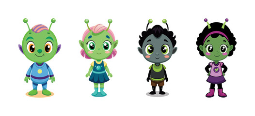 Cute alien children with vibrant costumes and antennas, vector cartoon illustration.