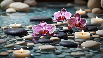 {A serene and luxurious spa setting featuring orchids floating in water and round stones, creating a relaxing and tranquil ambiance. The scene is designed for a spa salon, promoting relaxation and rej