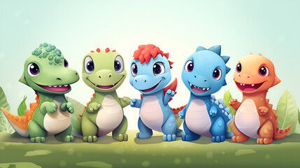 The Joyous Gathering of Five cute cartoon Friendly manner Dinosaurs Amidst the Vibrant Jungle and vast Sky