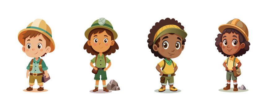 Young explorers geologists in adventure outfits, vector cartoon illustration.