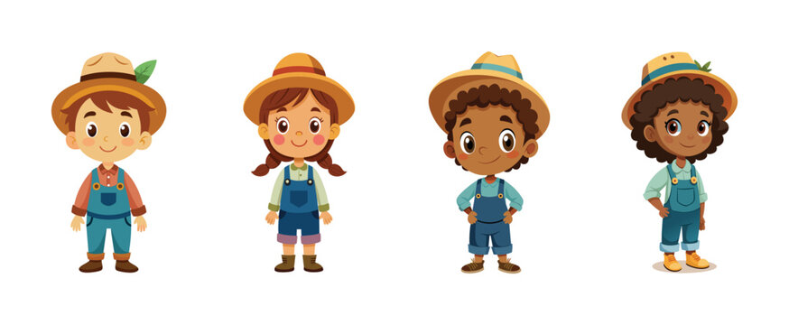 Children dressed as gardeners or farmers, vector cartoon illustration.