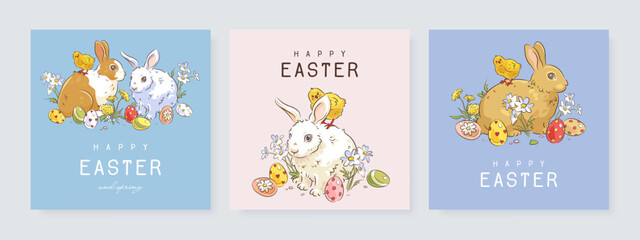 Happy easter square web banner, poster, flyer or greeting card set with hand drawn easter bunny, easter egg, chicken and flowers. Vector illustration