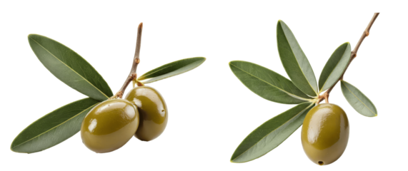 green olives with leaves isolated on transparent background