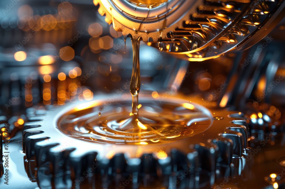 Poster 3d rendering of a gear with oil pouring on it, an engine oil and gears closeup. gears with a golden 