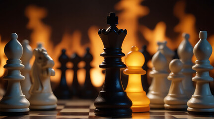 A wide banner of chess pawns in front of each other in flames for concepts of challenge and critical decision and smart moves, close-up shot, fire - obrazy, fototapety, plakaty