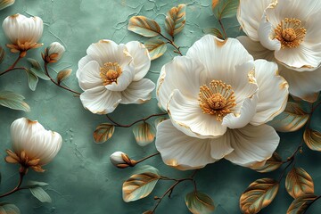 Green floral abstract background, white flower details supplemented with gold accessories
