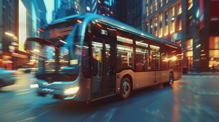 An electric bus gliding silently through the city streets, with passengers looking out the windows...