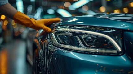 technician applying a paint sealant to a luxury sedan, focusing on the hands-on process and the protective layer being added for a long-lasting, showroom-quality finish - obrazy, fototapety, plakaty