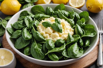 High angle of delicious fresh green spinach in bowl placed near lemons and mashed potato for gnocchi preparation - Powered by Adobe