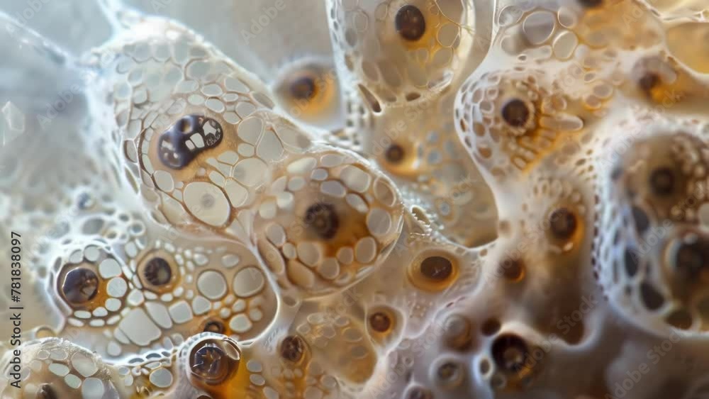 Poster a of fungal spores each one encapsulated in a protective coating and featuring intricate patterns an