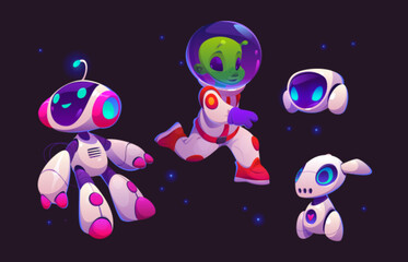 Cute alien astronaut in space with funny robot. Cosmonaut character flying with ai friend in spacesuit. Artificial intelligence baby pet explore and support adventure together. Extraterrestrial cyborg