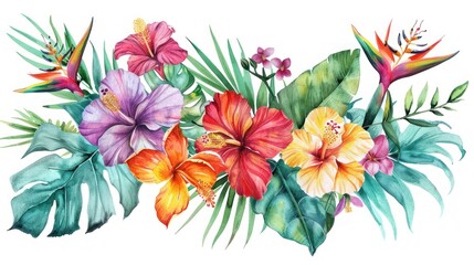 watercolor flower bouquet with exotic tropical blooms, such as orchids, hibiscus, and bird of paradise, evoking the lush beauty of a tropical paradise  