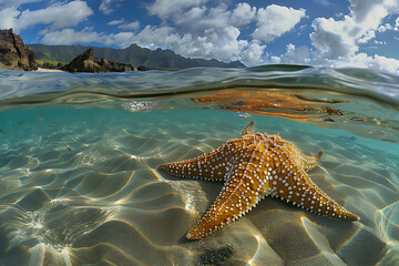 An endangered Hawaiian Green Sea starfish cruises in the warm waters of the Pacific Ocean - obrazy, fototapety, plakaty
