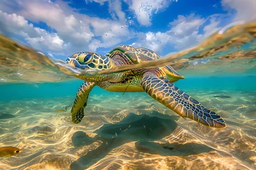 Muurstickers An endangered Hawaiian Green Sea Turtle cruises in the warm waters of the Pacific Ocean in Hawaii © Surasak