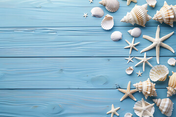 Fototapeta na wymiar beach scene concept with sea shells,starfish,sand on a blue wooden background