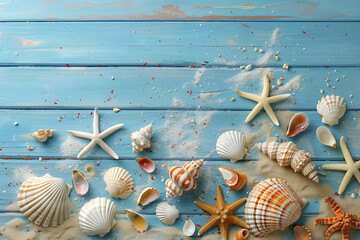 beach scene concept with sea shells,starfish,sand on a blue wooden background