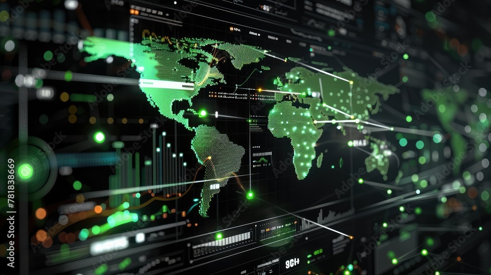 Poster a black and white digital background with charts, graphs, data points, and bar angles showing global