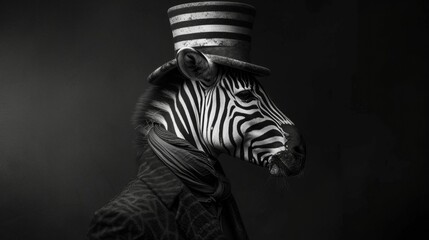 Fototapeta na wymiar Stylish zebra in a monochrome ensemble, sporting a top hat with zebra stripes, against a minimalist backdrop, lit with soft spotlights, exuding contemporary flair