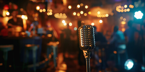Vintage Microphone on Stage with Bokeh Lights and Lens Flare in Background