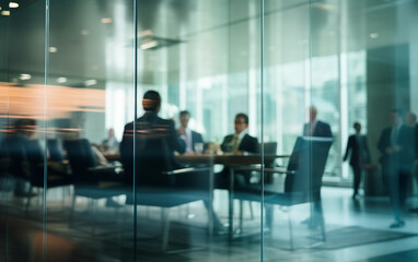 Team Meeting Behind Glass Partition in Corporate Office - business discussion Blurry Out-of-Focus teamwork, privacy in the workplace.