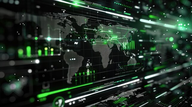 A black and white digital background with charts, graphs, data points, and bar angles showing global internet traffic and a globe map with green accents. Generative AI.
