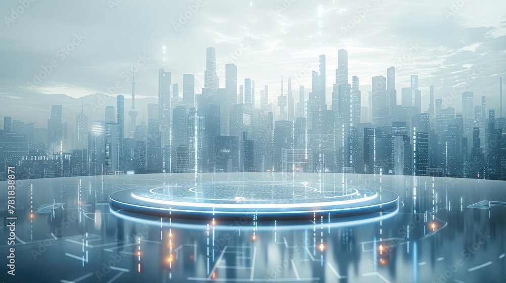 Fototapete A circular platform with data points floating above it, against the backdrop of an abstract city skyline in light blue tones. Generative AI.