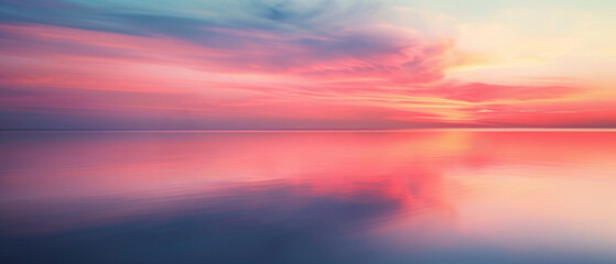 Vibrant Sunset Reflection on Calm Waters, Tranquil Seascape with Pastel Sky and Serene Horizon