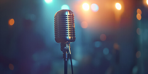 Vintage Microphone on Stage with Bokeh Lights and Lens Flare in Background