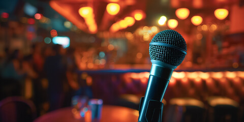 Modern Microphone on Stage with Bokeh Lights and Lens Flare in Background