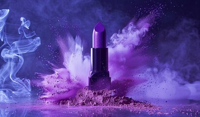 Vibrant purple lipstick explosion with smoke on dark background - obrazy, fototapety, plakaty