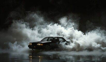 Mysterious car enveloped in dramatic smoke at night