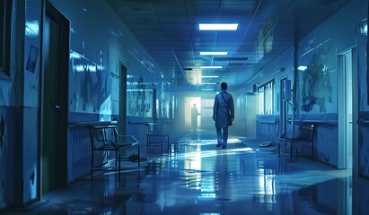 Fototapeta na wymiar Mysterious figure in a dimly lit futuristic corridor