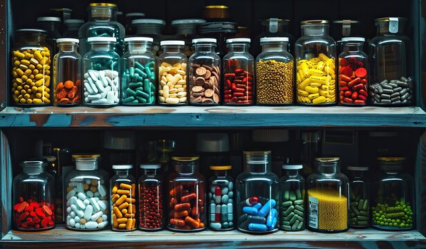 Vibrant array of assorted pills in glass jars on shelves