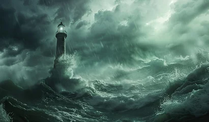 Foto op Aluminium Majestic lighthouse amidst turbulent stormy seas © volga