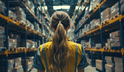 Female warehouse worker organizing inventory in industrial storeroom