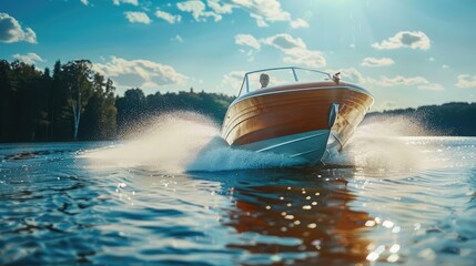 An electric-powered speedboat racing across the surface of a shimmering lake, with the wind in its...