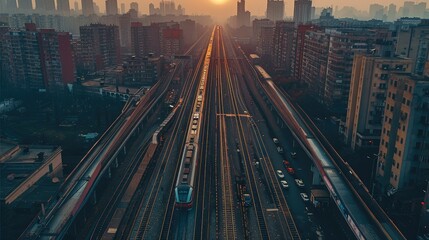 Fototapeta na wymiar A train passing in city. Aerial high view. Generative AI.