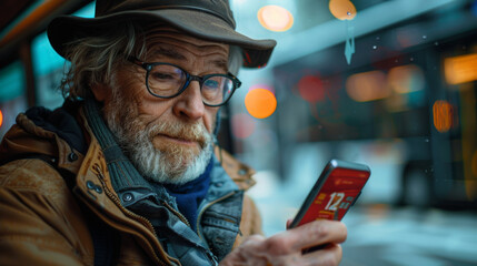 Happy man using app on cell phone while riding in a bus.